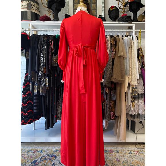 vintage 1970s red victorian style maxi dress lace bib balloon sleeves small - Picture 10 of 10